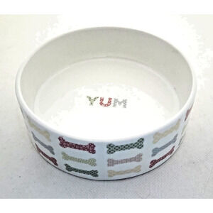 Dog Bowl-Fringe-Ceramic-"Yum"-Colorful Dog Bones-White-Small